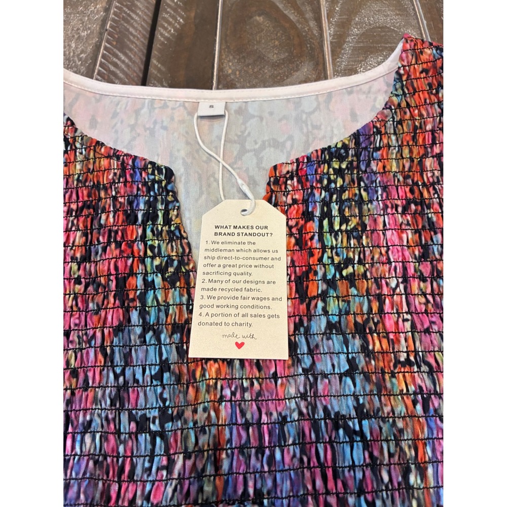 Women Multi Color Abstract Smocked Babydoll Tunic Notched Neck Small NWT‎